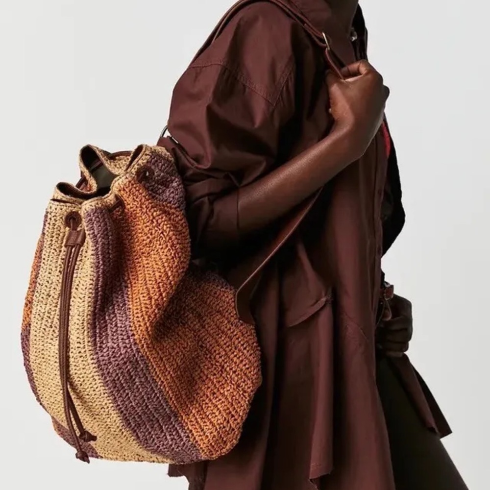 Free People Summer Breeze Raffia + Leather Drawstring Sling Bag